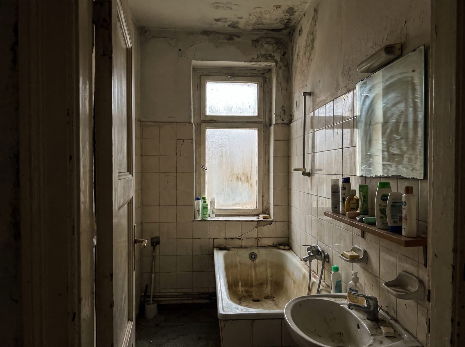 Zanemarjena kopalnica z umazanimi ploščicami in kadjo.